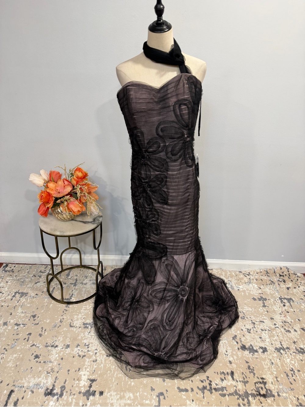 Jovani Strapless Black Floral Appliqué Pleated Tulle Mermaid Gown - Size 10